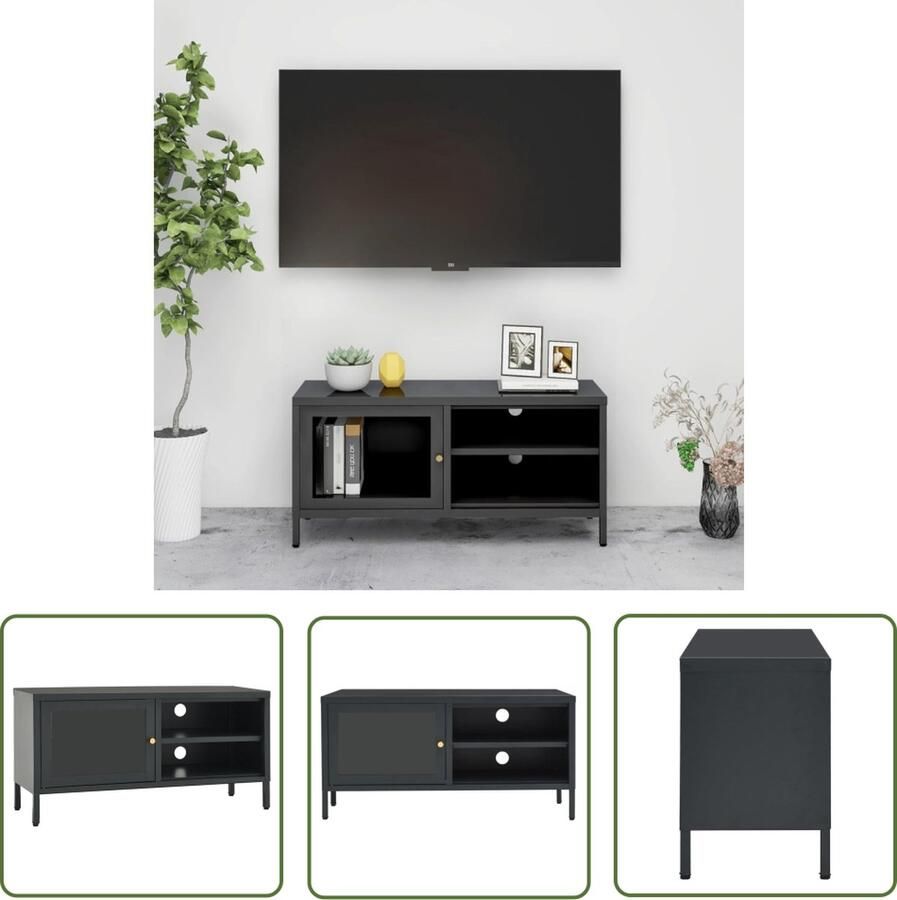 The Living Store Televisiekast Antraciet 90 x 30 x 44 cm Gepoedercoat staal en glas Televisie Kast Tv Meubilair Tv Kasten Media Kast Salontafel - Foto 2