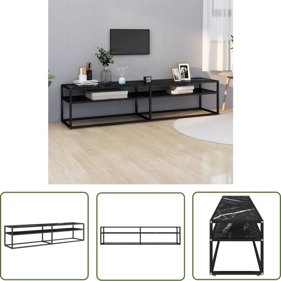 The Living Store Televisiekast Stereo 180x40x40.5 Gehard Glas Zwartmarmer Montage vereist Televisiekast Tv Meubilair Mediabox Salontafel Zwarte Tv Kast