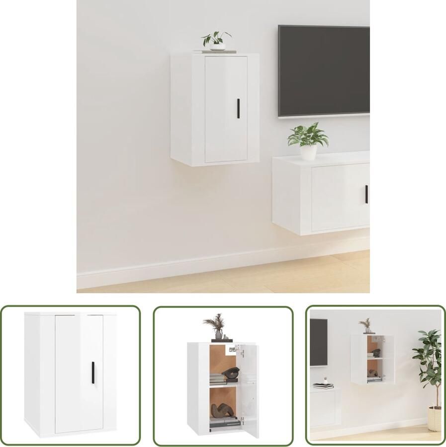 The Living Store Televisiewandmeubel Hoogglans wit 40 x 34.5 x 60 cm Wandgemonteerd Televisiekast Tv Meubilair Wandmontage Houten Tv Stand Houtsoort - Foto 2