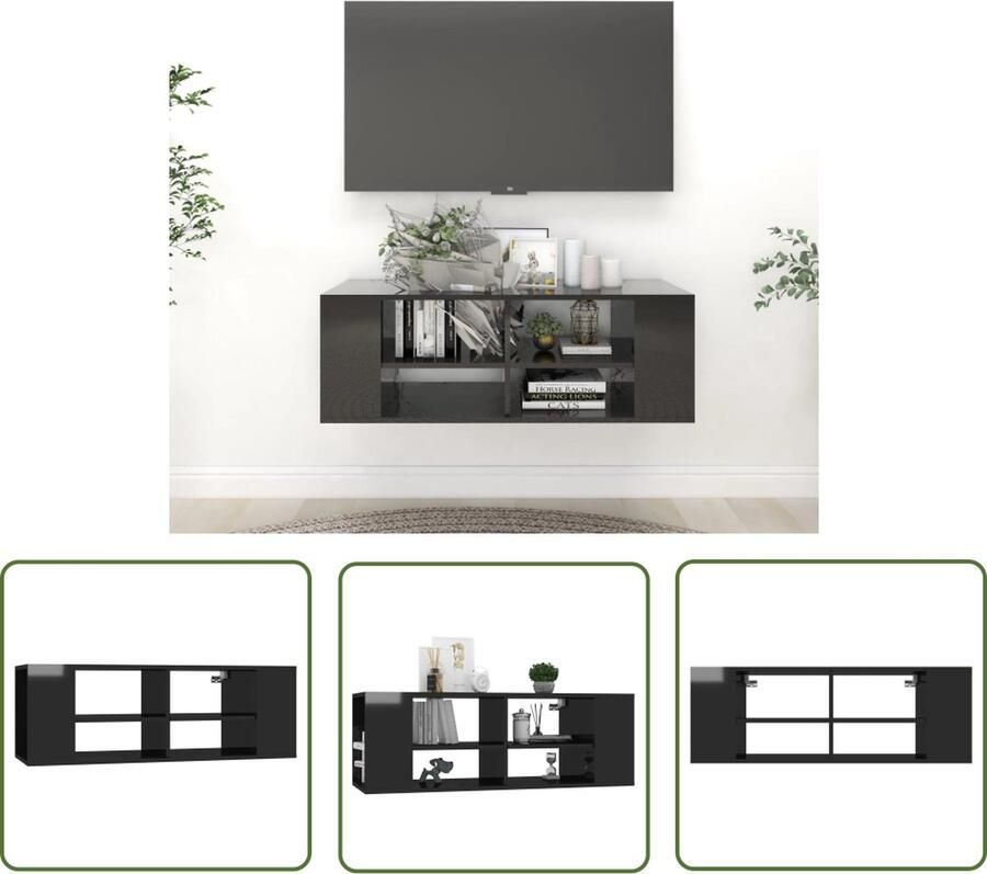 The Living Store Televisiewandmeubel Hoogglans Zwart 102 x 35 x 35 cm Verstelbare middenschappen Televisiescherm Tv Meubilair Tv Stand Mediabox Entertainment Center - Foto 2
