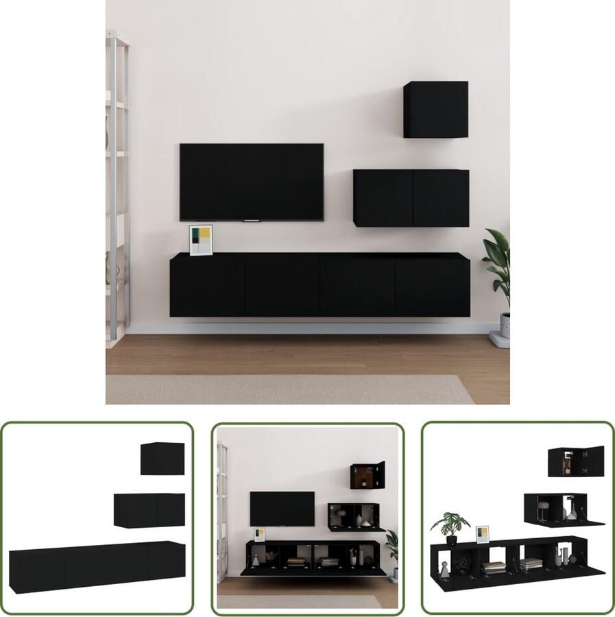 The Living Store TV-meubelset Zwarte bewerkt hout 30.5 x 30 x 30 cm 60 x 30 x 30 cm 80 x 30 x 30 cm (B x D x H) Wandmontage ontwerp TV Kast Tv Meubilair Salontafel Wandmontage Houten Tv Tafel - Foto 2