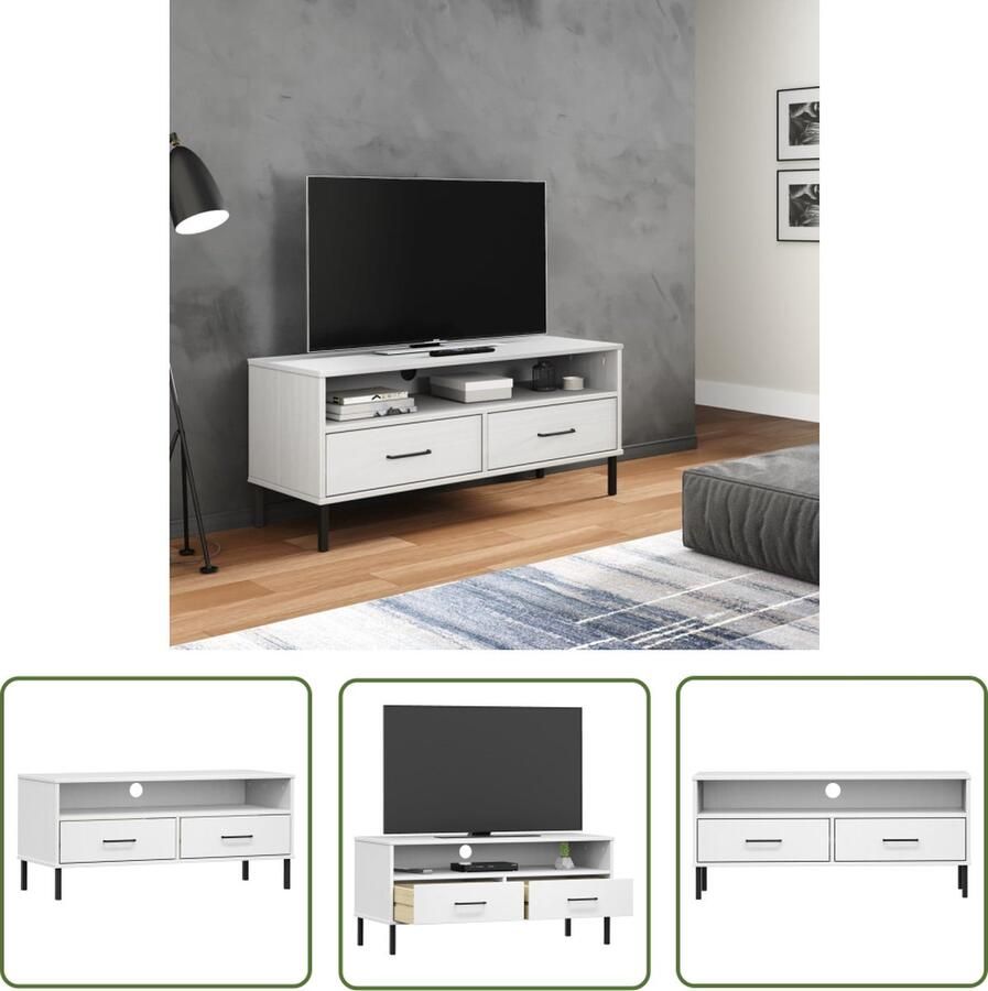 The Living Store vidaXL Tv Meubilair TV Kast Tv-meubel met metalen poten OSLO massief grenenhout wit Hout Tv Kast Grenenhout Tv Kast Witte Tv Kast - Foto 2