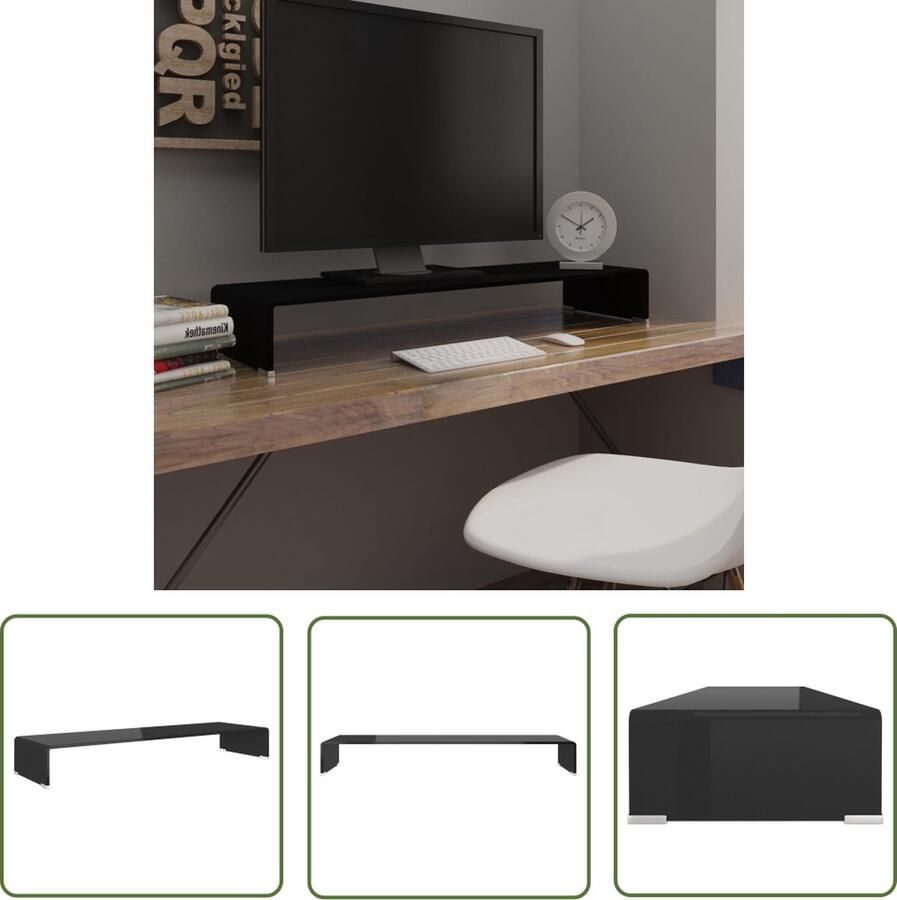 The Living Store vidaXL Tv Meubilair Tv Kast TV-meubel monitorverhoger zwart 100x30x13 cm glas Tv Stand Modern Tv Tafel Zwart Tv Meubel - Foto 2