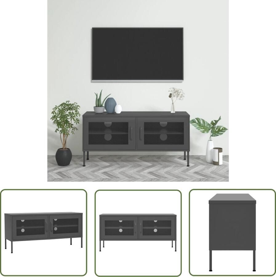 The Living Store Televisiemeubel Staal 105 x 35 x 50 cm Antraciet 2 gaasdeuren Televisie Tafel Tv Stand Metalen Tv Meubel Industrieel Tv Meubel Zwart Tv Meubel - Foto 2