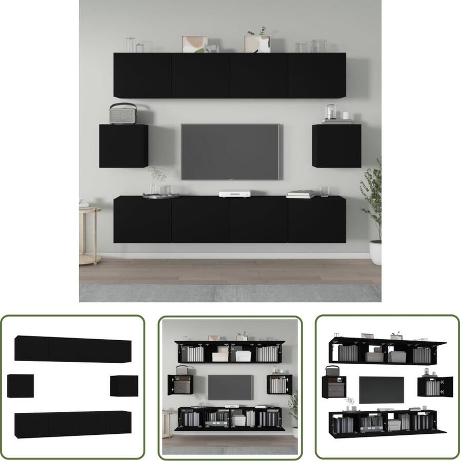 The Living Store Televisiemeubel Set 80 x 30 x 30 cm 30.5 x 30 x 30 cm Zwart Bewerkt hout Televisiescherm Meubel Tv Stand Houten Tv Tafel Wandmontage Tv Unit Opbergruimte Tv - Foto 2