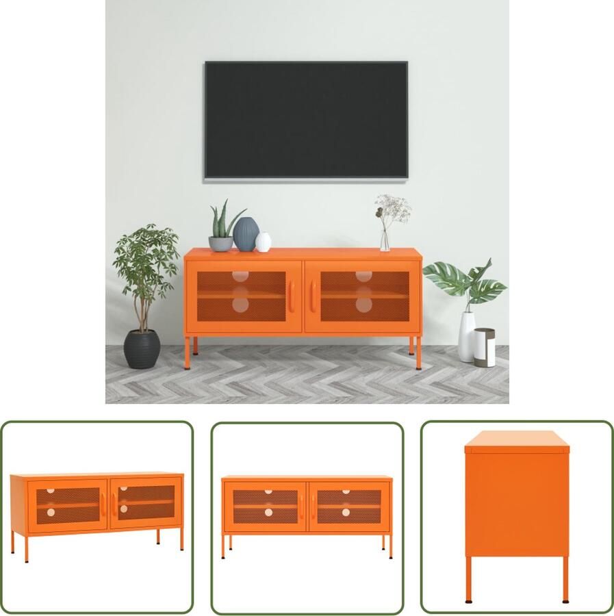 The Living Store Televisiemeubel XXL TV Standaard 105 x 35 x 50 cm Stalen constructie Inclusief gaasdeuren en schap Oranje Televisiestafel Tv Stand Tv Meubel Oranjekleur Metalen Tv Tafel - Foto 2