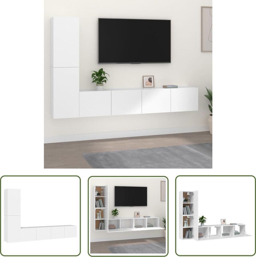 The Living Store vidaXL 4-delige Tv-meubelset bewerkt hout wit TV-meubel Tv Stand Houten Tv-stand Wit Tv-meubel Wandmontage Tv-meubel - Foto 2