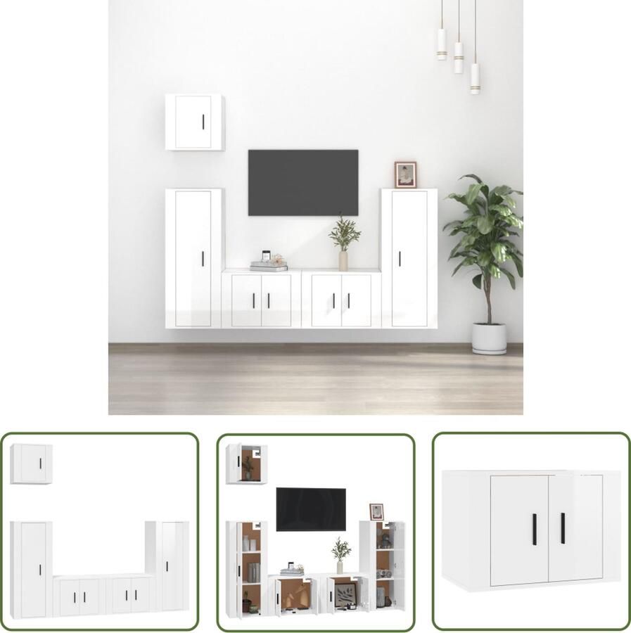 The Living Store Tv-meubel set Klassiek Hoogglans wit 57x34.5x40 cm 40x34.5x100 cm 40x34.5x40 cm Tv-meubel Tv-stand Houten Tv-meubel Klassiek Tv-meubel Wit Tv-meubel - Foto 2