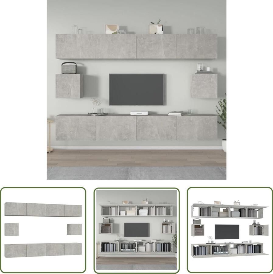 The Living Store TV-meubelset Betongrijs 4x 100x30x30 2x 30.5x30x30cm Wandgemonteerd Bewerkt hout Stevig materiaal TV-meubel Tv Stand Wandmontage Beton Grijs Houten Tv Tafel - Foto 2