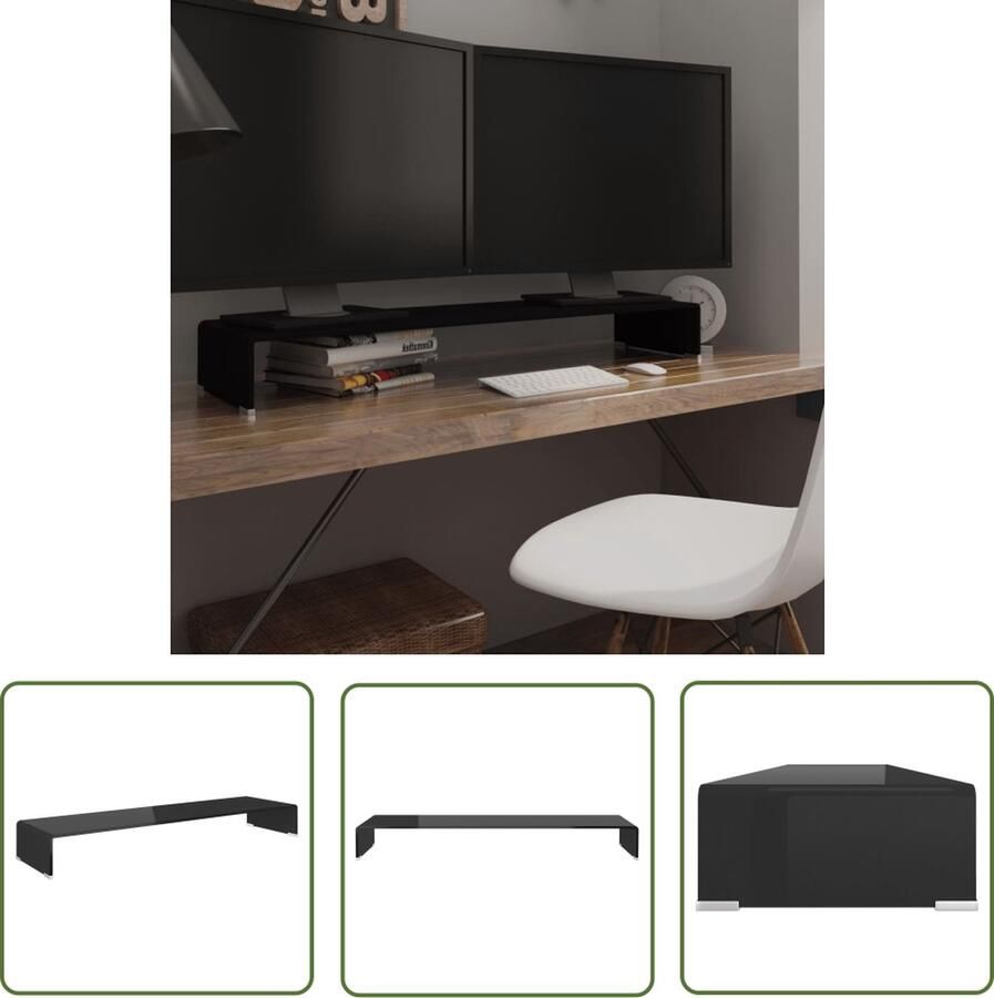 The Living Store vidaXL TV-meubel monitorverhoger zwart 110x30x13 cm glas TV-meubel Tv Stand Glas Meubilair Zwart Meubilair Living Room Decor - Foto 2