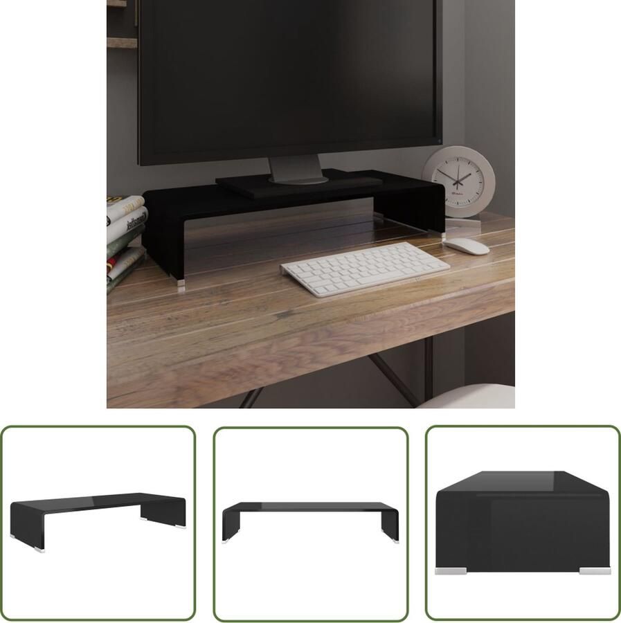 The Living Store TV-meubel Glas Verhoger voor Monitor Laptop Ruimte voor DVD-speler en Spelcomputer Zwart 60x25x11cm TV-meubel Tv Stand Monitorstandaard Glasscherm Meubilair - Foto 2
