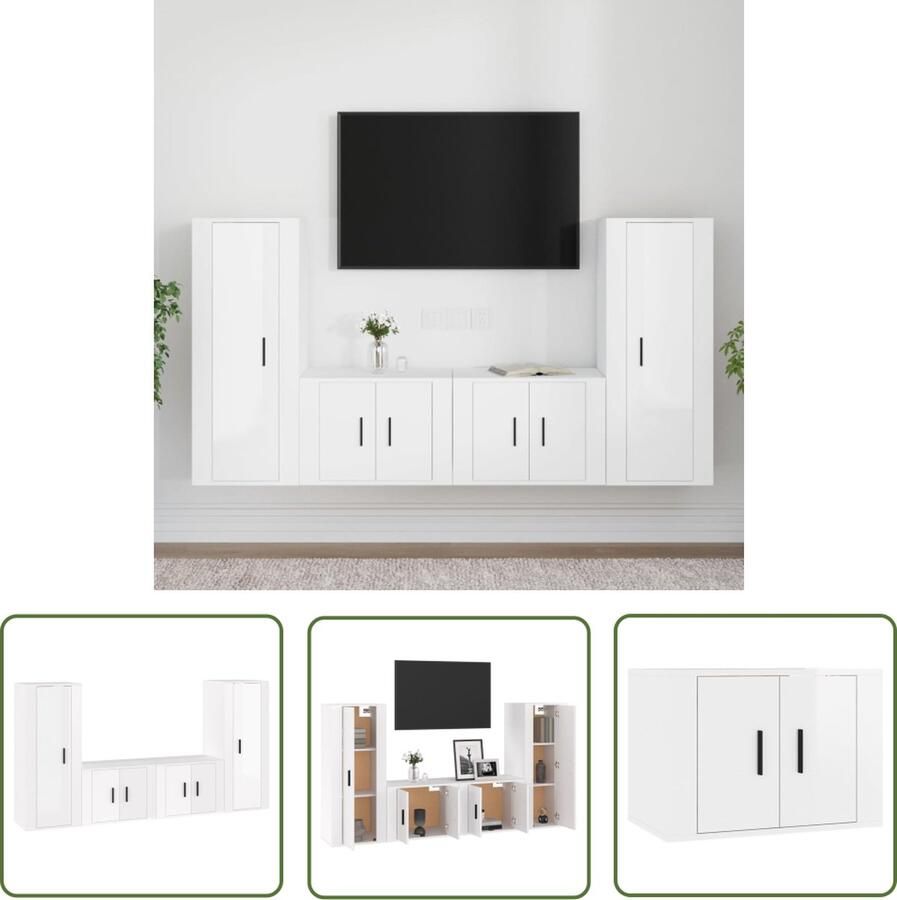 The Living Store TV-meubel set hoogglans wit 4-delige bewerkt hout 40 x 34.5 x 100 cm en 57 x 34.5 x 40 cm Tv Meubels Tv Stand Houten Tv Kast Hoogglans Wit Tv Salontafel - Foto 2