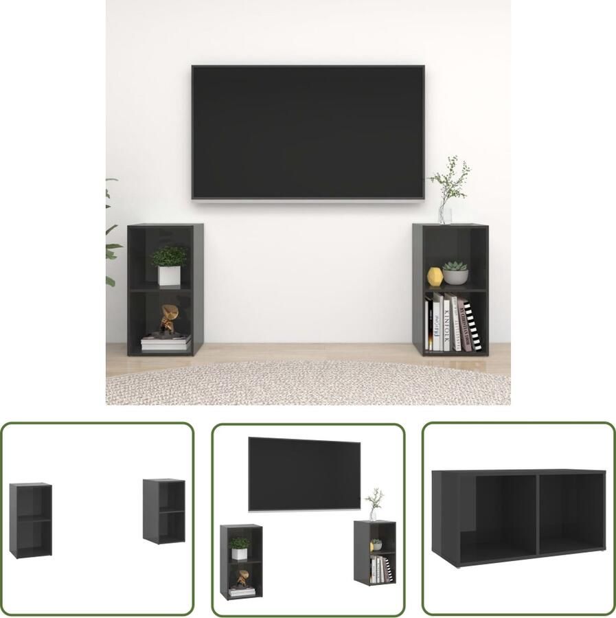 The Living Store vidaXL Tv Tafel Televisiescherm Meubilair Tv-meubelen 2 st 72x35x36 5 cm bewerkt houthoogglans grijs Tv Stand Salontafel Woonkamerinrichting - Foto 5