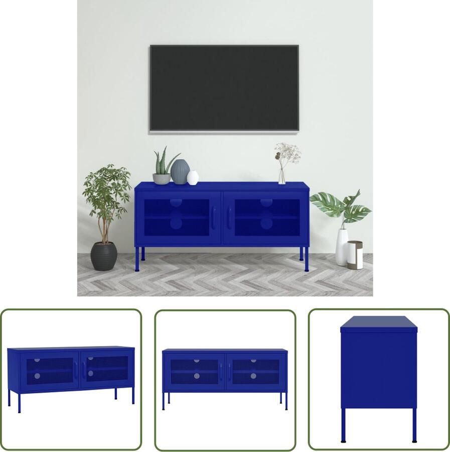 The Living Store Televisiemeubel Staal Marineblauw 105 x 35 x 50 cm 2 gaasdeuren Televisieserie Tv Tafel Tv Stand Mediabox Tv Kast - Foto 2