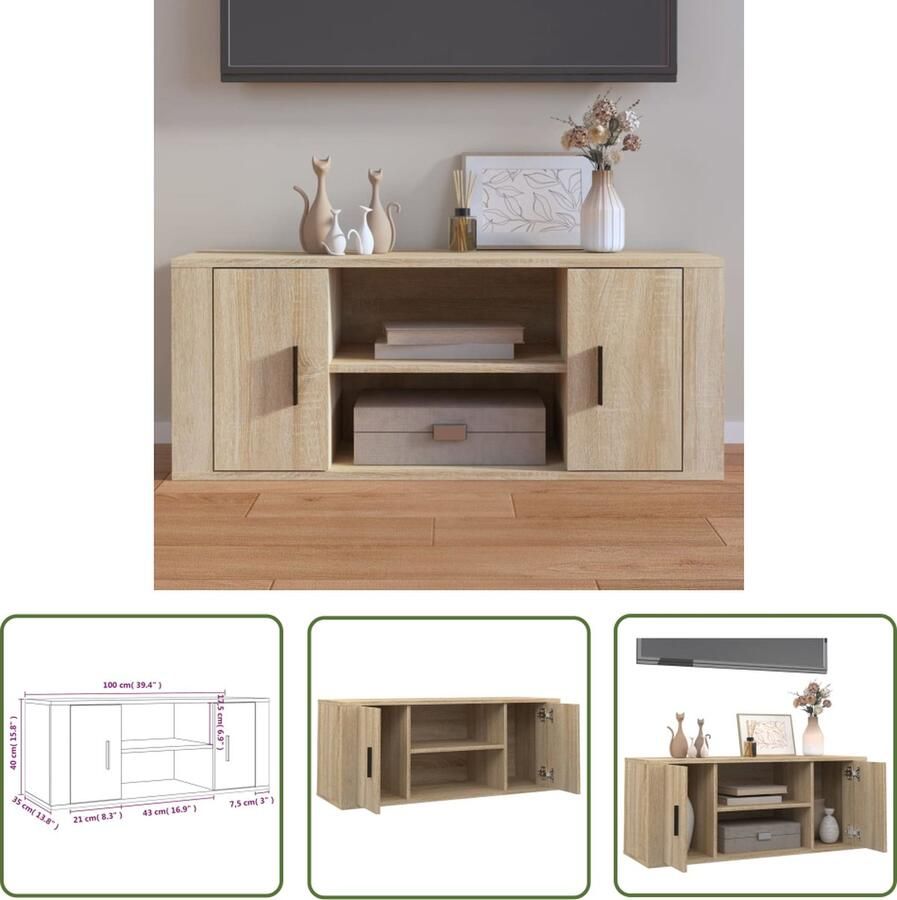 The Living Store vidaXL Tv Tafel TV Kast Tv-meubel 100x35x40 cm bewerkt hout sonoma eikenkleurig Salontafel Houten Tv Stand Opbergkast - Foto 2