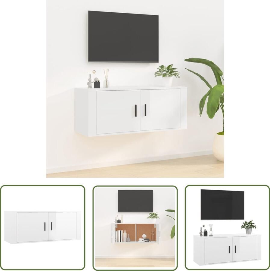 The Living Store Televisiewandmeubel Hoogglans Wit 100 x 34.5 x 40 cm Bewerkt Hout Televisiescherm Wandmeubel Tv Kast Tv Stand Houten Tv Meubilair Houtskelet Tv Unit - Foto 2
