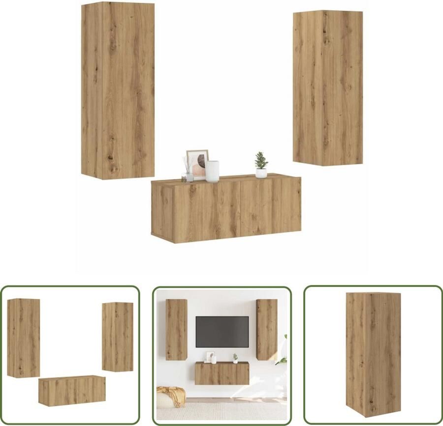 The Living Store vidaXL Wandkast Tv Kast Tv-wandkasten 3 st bewerkt hout artisanaal eikenkleurig Houten Tv Meubel Media Kast Salontafel