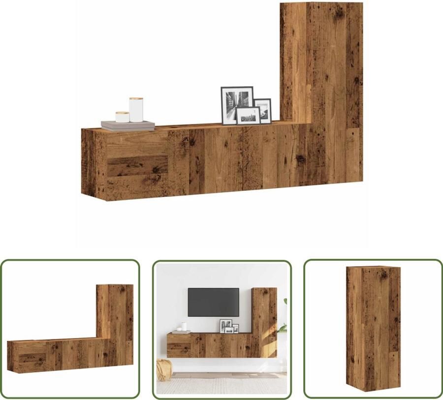 The Living Store vidaXL Wandkast Tv Kast Tv-wandkasten 3 st bewerkt hout oud houtkleurig Houten Tv Meubel Media Kast Opbergkast