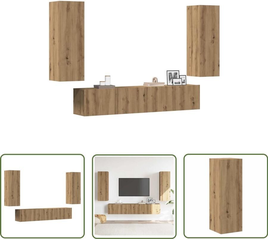 The Living Store vidaXL Wandkast Tv Kast Tv-wandkasten 4 st bewerkt hout artisanaal eikenkleurig Media Kast Houten Kast Salontafel