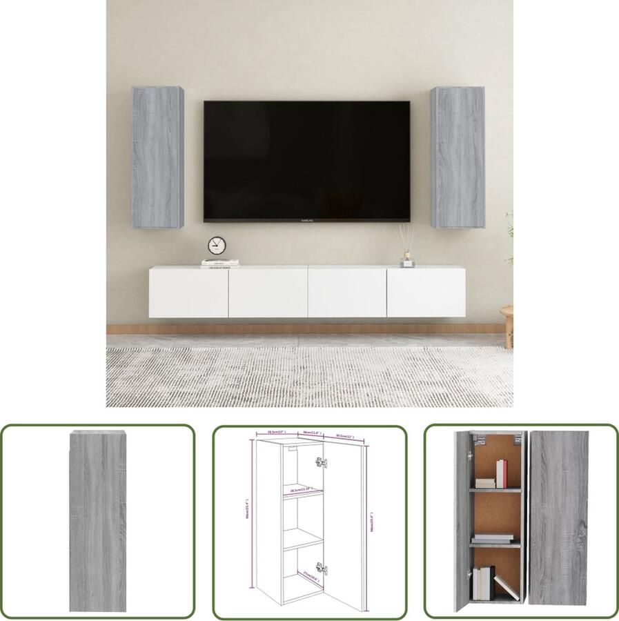 The Living Store Hangende Tv-meubelen Wandkasten 30.5 x 30 x 90 cm Grijs Sonoma Eiken 2x Tv Meubel Wandkast Houten Tv Stand Grijze Tv Kast Modern Tv Meubel - Foto 2