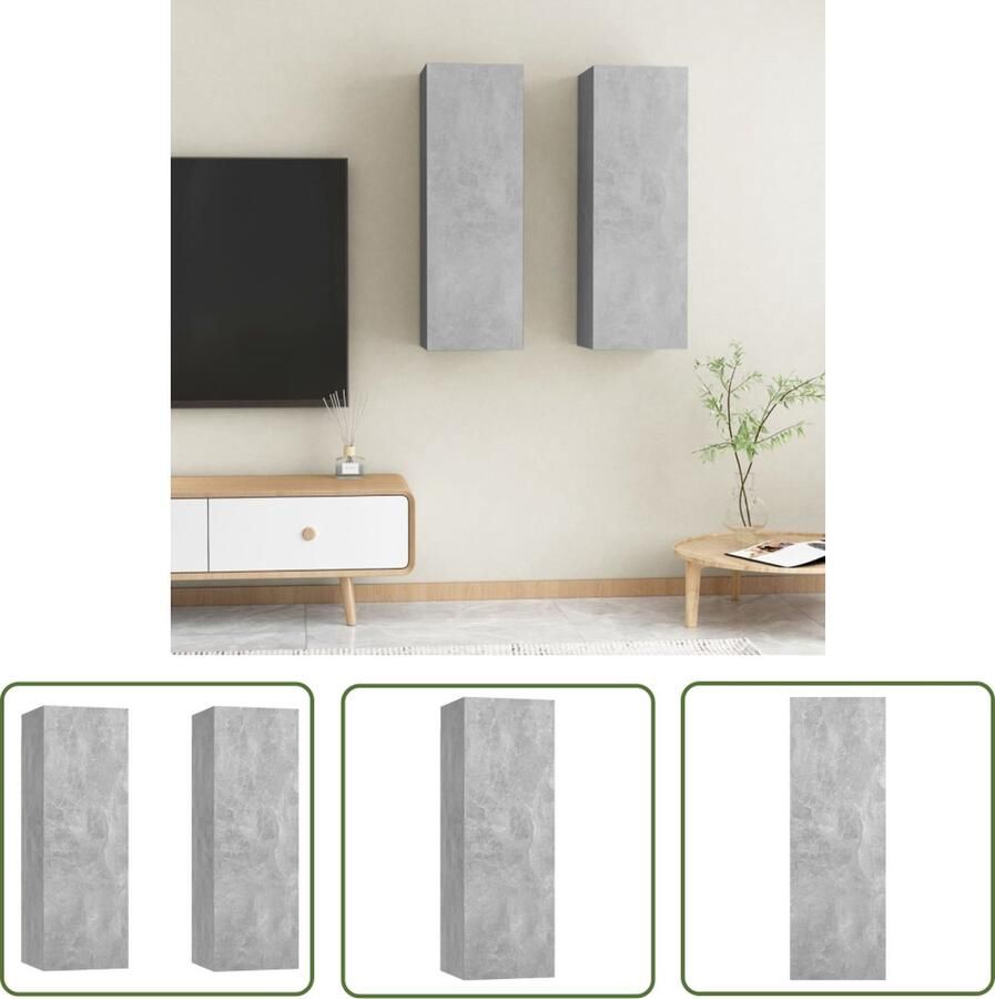 The Living Store Wandkast Set Betongrijs 30.5 x 30 x 90 cm 2 schappen spaanplaat Tv-meubel Wandkast Televisiecase Media Kast Livingroom Furniture - Foto 2