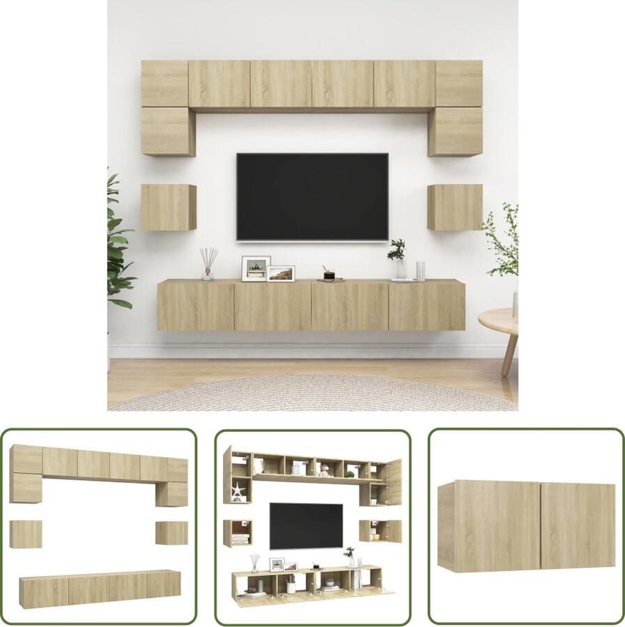 The Living Store vidaXL Wandmeubel Tv Kast 8-delige Tv-meubelset spaanplaat sonoma eikenkleurig Salontafel Livingroom Decor Houten Tv Stand - Foto 2
