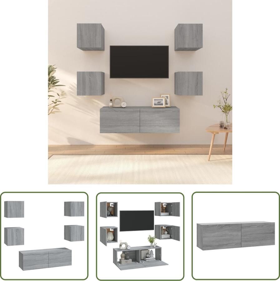 The Living Store Wandmeubel TV-meubel Grijs Sonoma Eiken 30.5x30x30cm en 100x30x30cm Inclusief 4x S en 1x L Tv-kast Wandmeubel Salontafel Houten Kast Grijze Kast - Foto 2