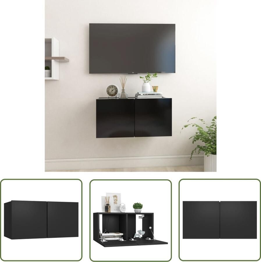 The Living Store Wandmeubel Zwart 60x30x30 cm Hangende televisiekast Tv-meubel Wandmeubel Televisiecast Houten Tv-meubel Zwart Tv-meubel - Foto 2