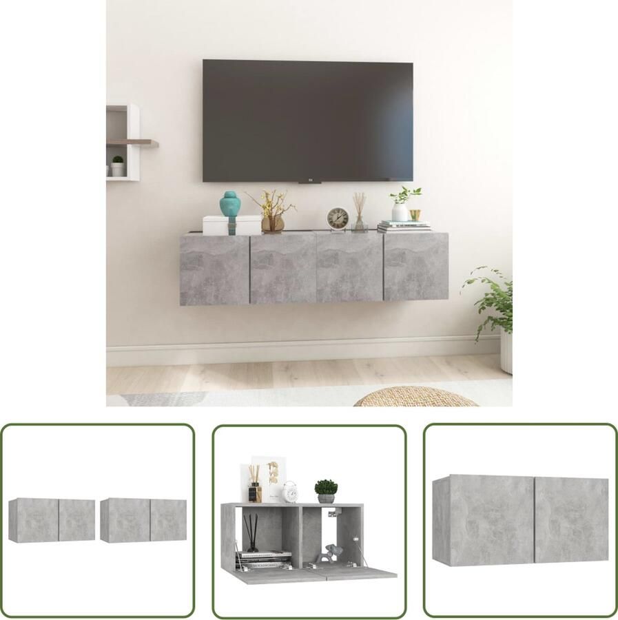 The Living Store Wandmeubel Betongrijs 60x30x30 cm Hifi-kastenset Bewerkt hout Tv-meubel Wandmeubel Betonlook Houten Tv-stand Houten Kast - Foto 2