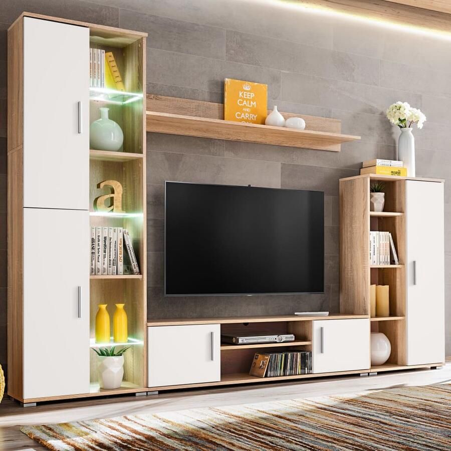 The Living Store vidaXL Wandmeubel Tv-meubel Tv-wandmeubel met LED-verlichting Sonoma eiken en wit Houtsoort Livingroom Furniture Design Kast - Foto 2