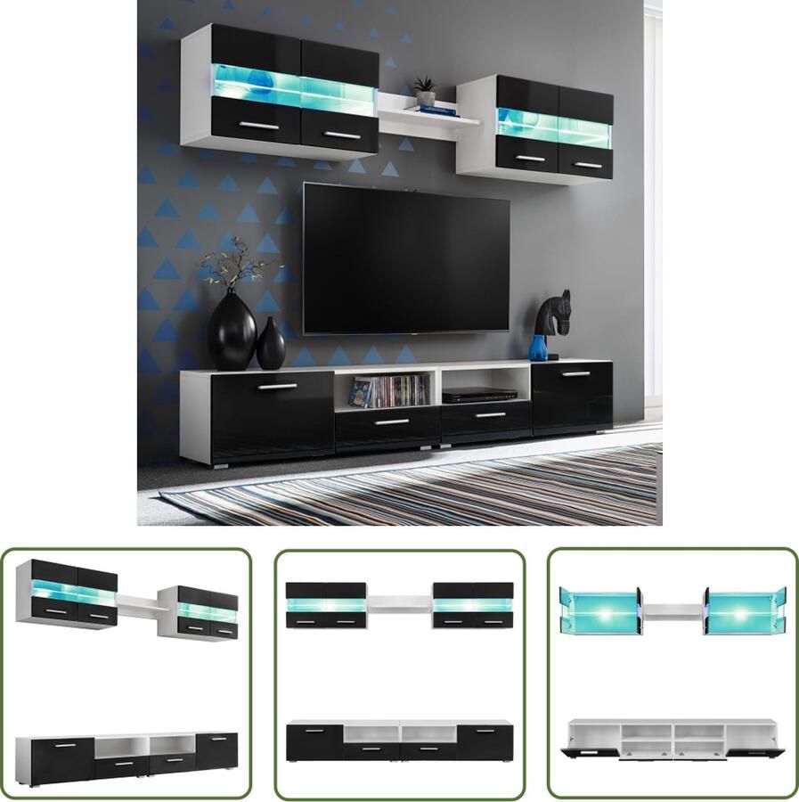 The Living Store vidaXL Wandmeubel Tv Meubel Tv-wandmeubelset met LED-verlichting hoogglans zwart 5-delig Black Furniture Houten Meubilair Living Room Furniture - Foto 2