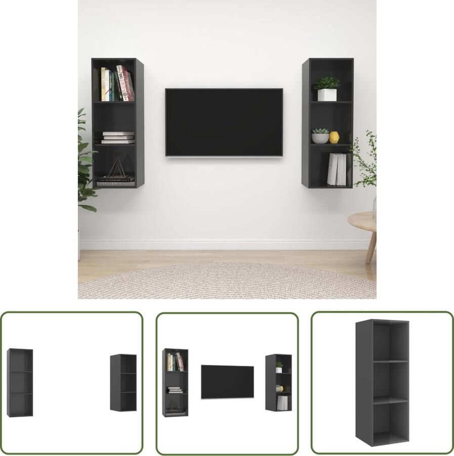The Living Store Televisiewandmeubelset Hoogglans grijs 37 x 37 x 107 cm 2x tv-meubel Televisiescherm Wandmontage Tv-meubel Tv Kasten Saloninrichting - Foto 2