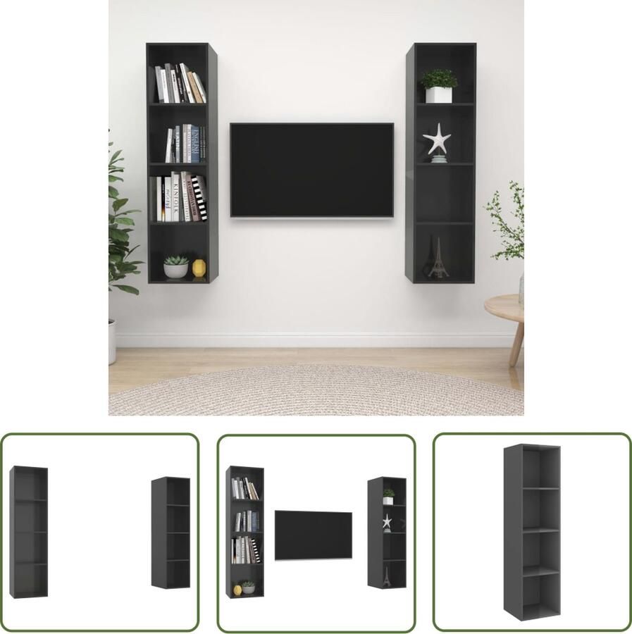 The Living Store Televisiewandmeubelset Hoogglans Grijs 37x37x142.5 cm Montage vereist 2 x tv-meubel Televisiescherm Wandmontage Tv Meubilair Tv Kasten Salontafel - Foto 2