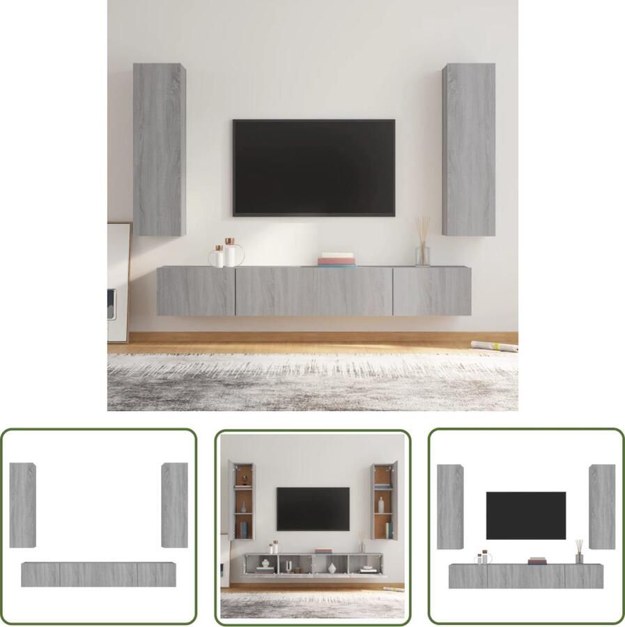 The Living Store TV-Meubelset 4-delige Wandgemonteerd Grijs Sonoma eiken 100 x 30 x 30 cm 30.5 x 30 x 110 cm TV Kast Wandmontage Grijze Tv Meubels Houten Tv Stand Saloninrichting