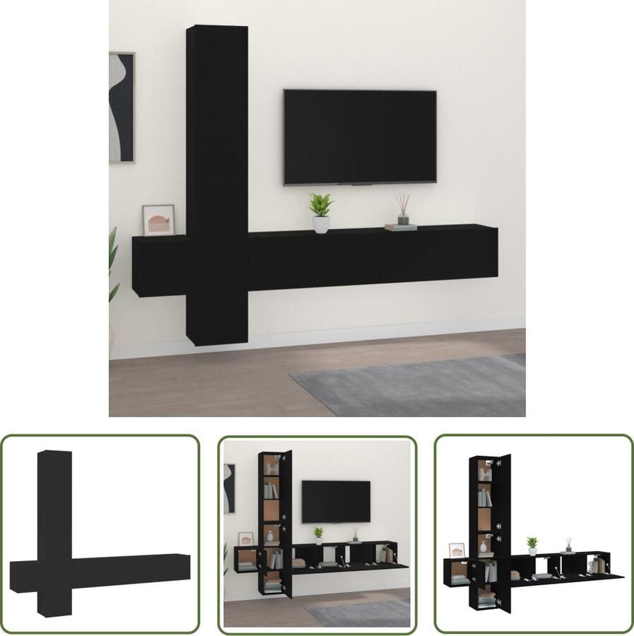 The Living Store vidaXL Wandmontage TV Kast 5-delige Tv-meubelset bewerkt hout zwart Houten TV Kast Zwart Tv Salontafel - Foto 2