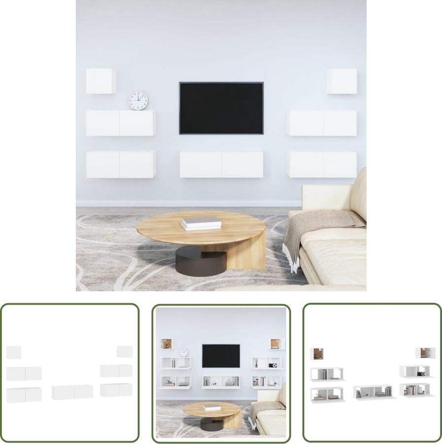The Living Store Televisiekastenset Klassiek Design Stevig bewerkt hout Wandgemonteerd Wit maten Tv Kast Wandmontage Houten Tv Kast Witte Tv Kast Boekenplank - Foto 2