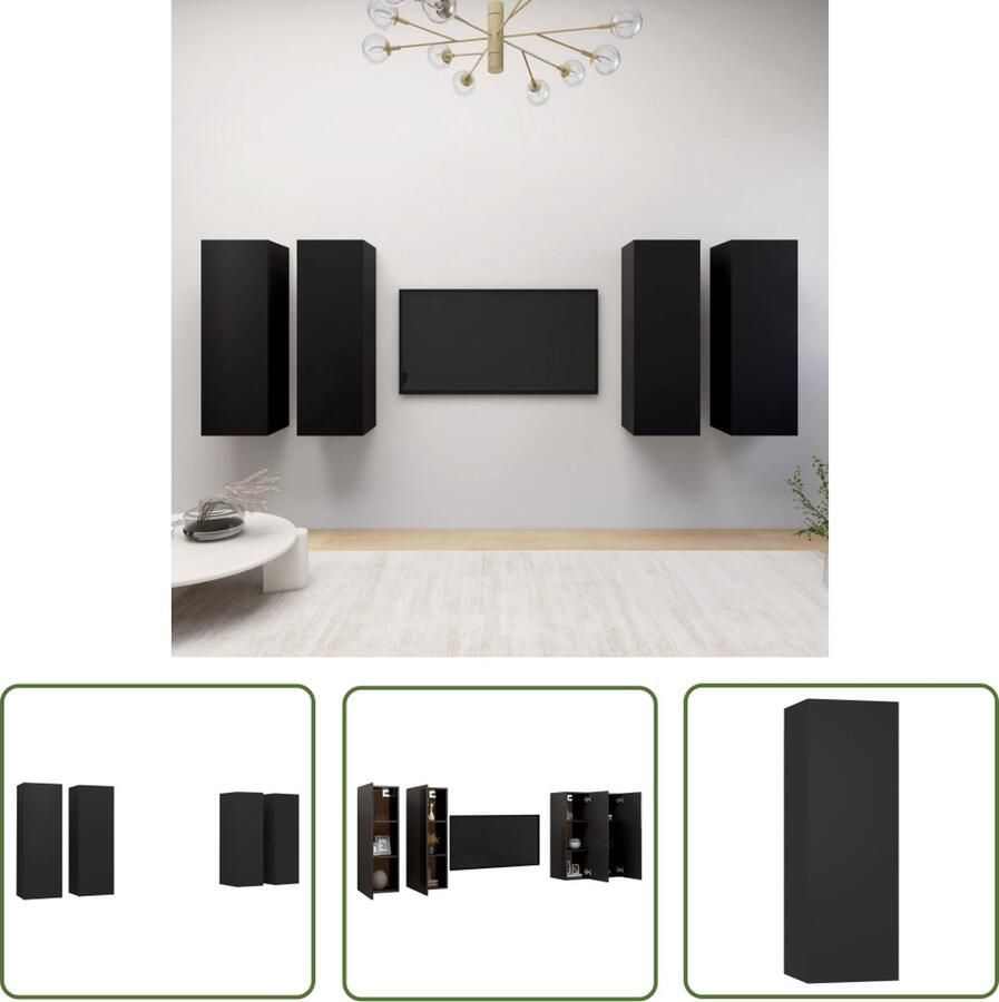 The Living Store vidaXL Wandmontage Tv Kasten Tv-meubelen 4 st 30 5x30x90 cm bewerkt hout zwart Houten Tv Stand Black Furniture Living Room Storage - Foto 2