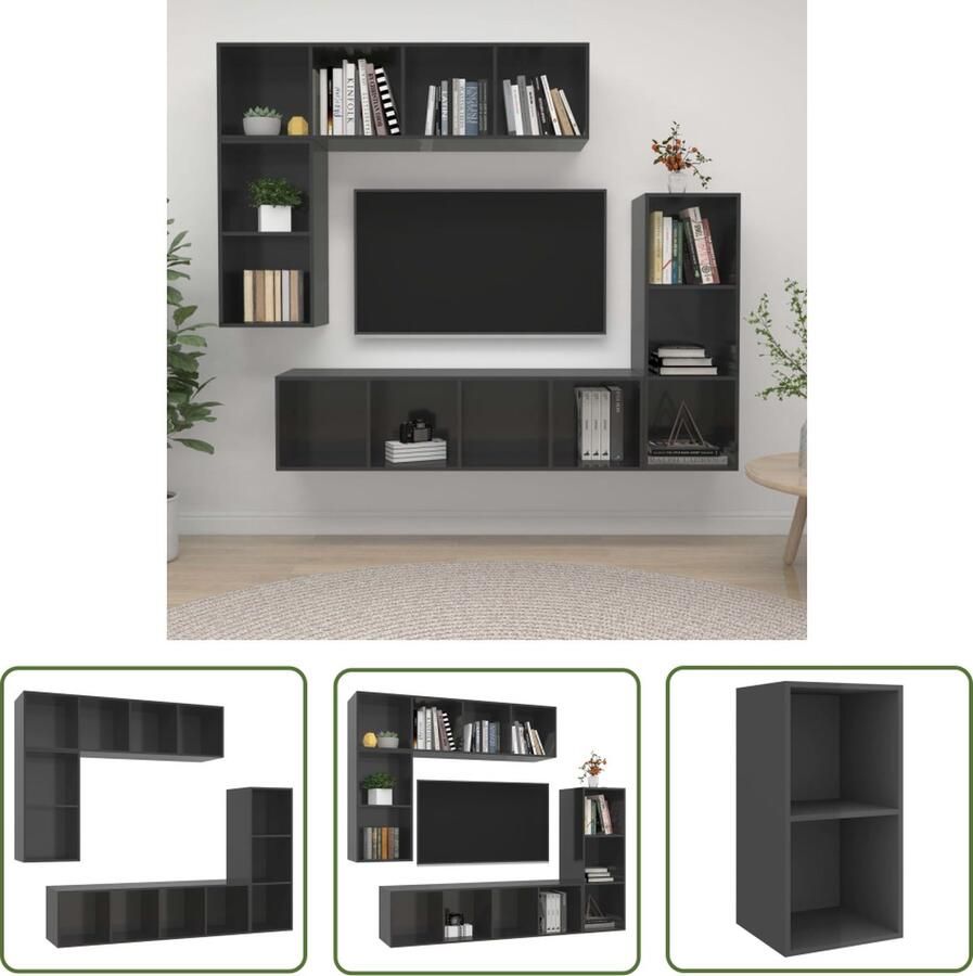 The Living Store Televisiewandmeubel Hoogglans grijs Spaanplaat Montage vereist 37 x 37 x 72 107 142.5 cm Tv-meubel Wandmontage Televisiescherm Livingroom Decoratie Houten Tv-stand - Foto 2
