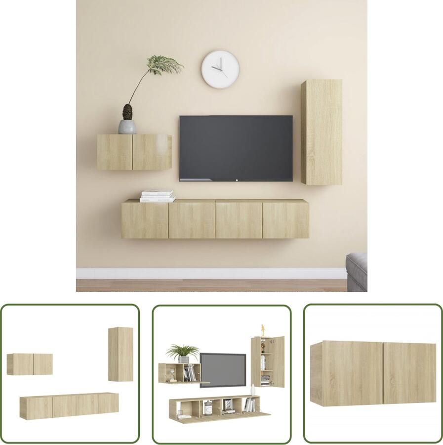 The Living Store TV-Meubelset Stereokasten Muurbevestiging Sonoma eiken Spaanplaat Montage vereist 1x 60x30x30cm 1x 30.5x30x90cm 2x 80x30x30cm TV Meubel Wandmontage Salontafel Houten Kasten Opslagruimte - Foto 2