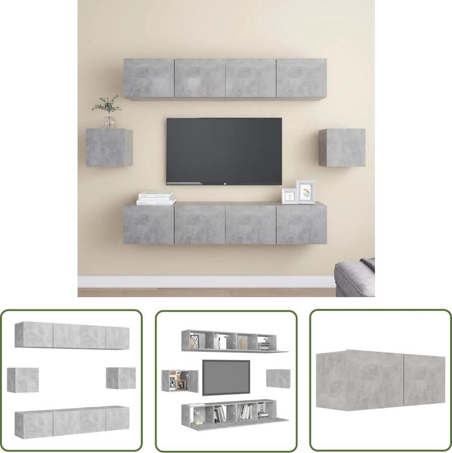 The Living Store TV-meubelset Wandbevestiging Betongrijs 4x 80x30x30cm 2x 30.5x30x30cm Tv-meubel Wandmontage Beton Grijs Houten Kast Opbergruimte - Foto 2