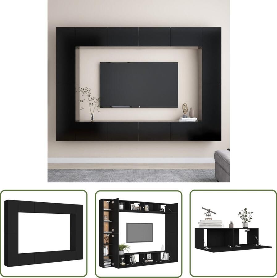 The Living Store vidaXL Wandmontage Tv-meubel 8-delige Tv-meubelset bewerkt hout zwart Houten Tv-meubel Televisiescherm Salontafel - Foto 2