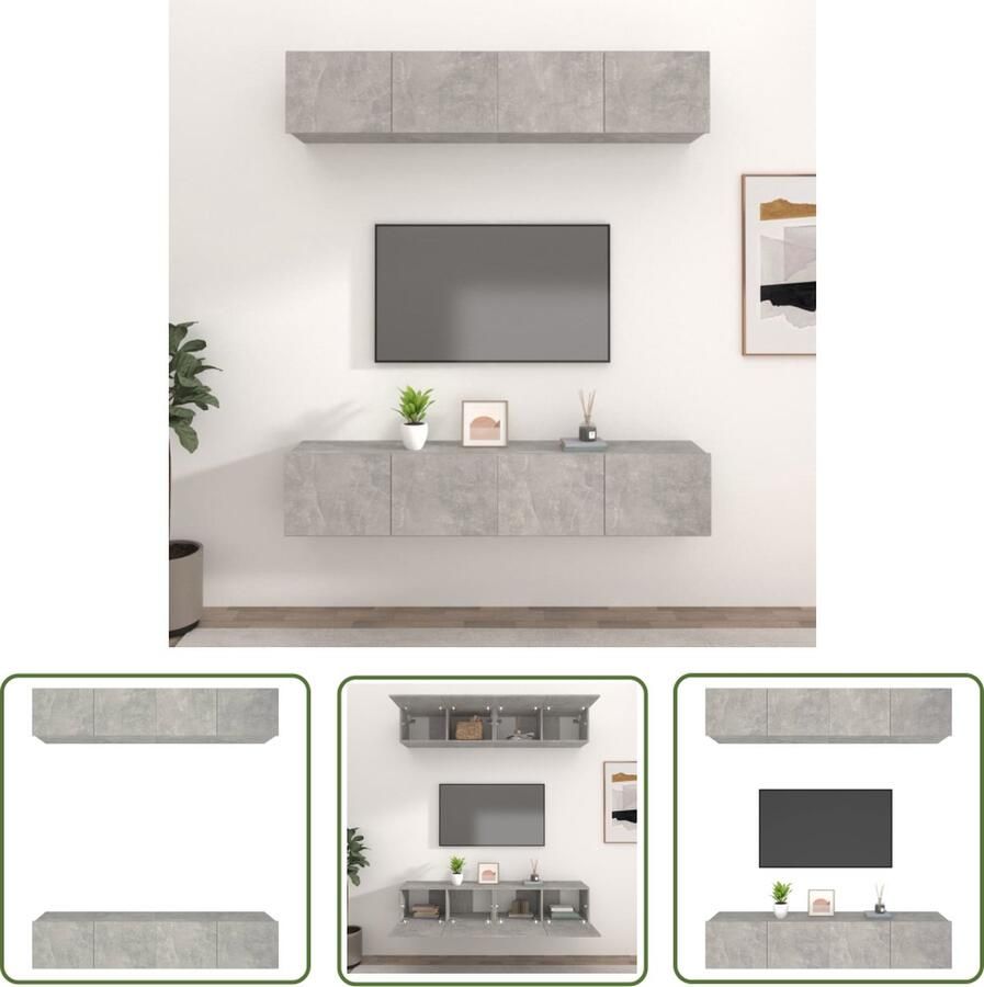 The Living Store TV-meubelset Betongrijs 80 x 30 x 30 cm Wandgemonteerd Bewerkt hout TV-meubel Wandmontage Beton Grijs Houten Kast Opbergruimte - Foto 2