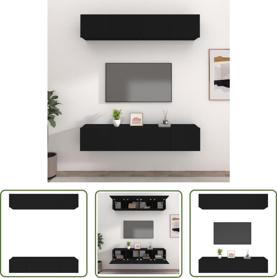 The Living Store Tv-meubelen Klassiek ontwerp Wandgemonteerd Stevig bewerkt hout Voldoende opbergruimte Praktische deuren Kleur- zwart 80 x 30 x 30 cm (BxHxD) 4x in de levering - Foto 2