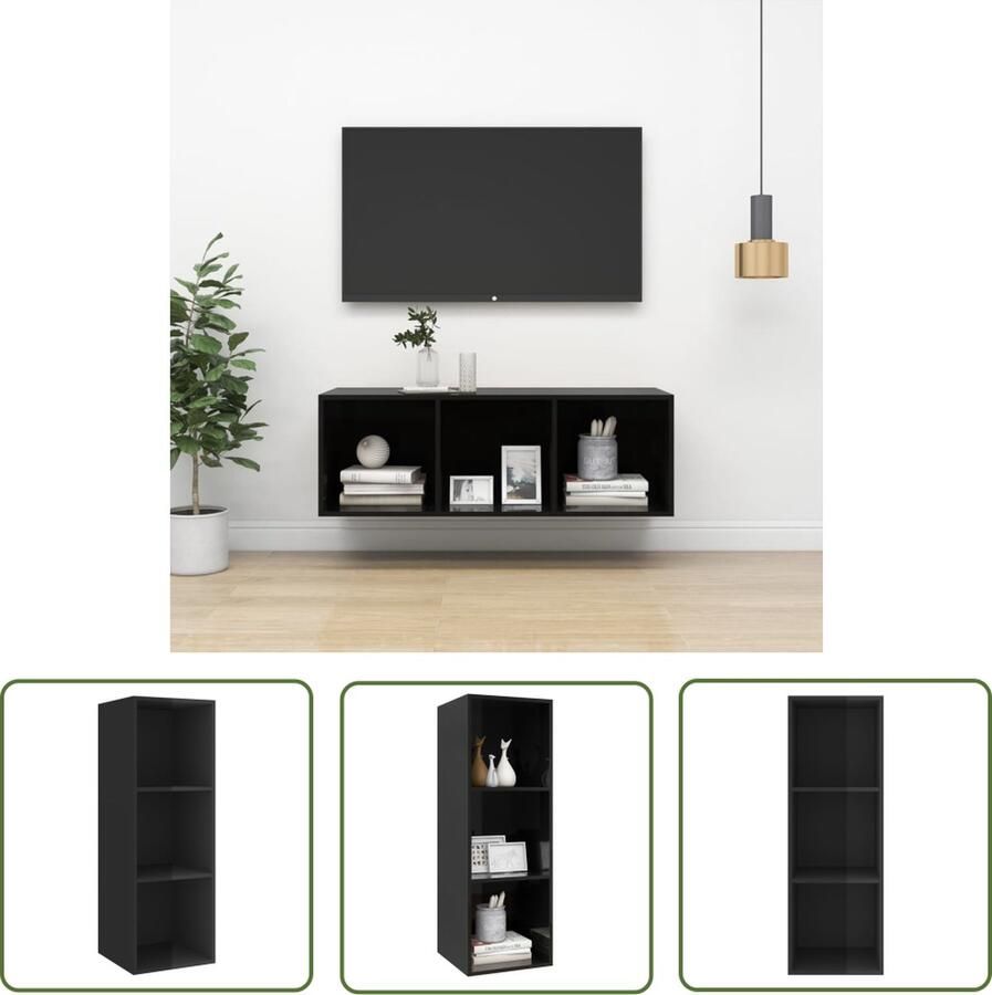 The Living Store TV-meubel Wandmontage Hoogglans zwart 37 x 37 x 107 cm 3 vakken TV-meubel Wandmontage Zwart Houten TV-standaard Tv Kasten - Foto 2