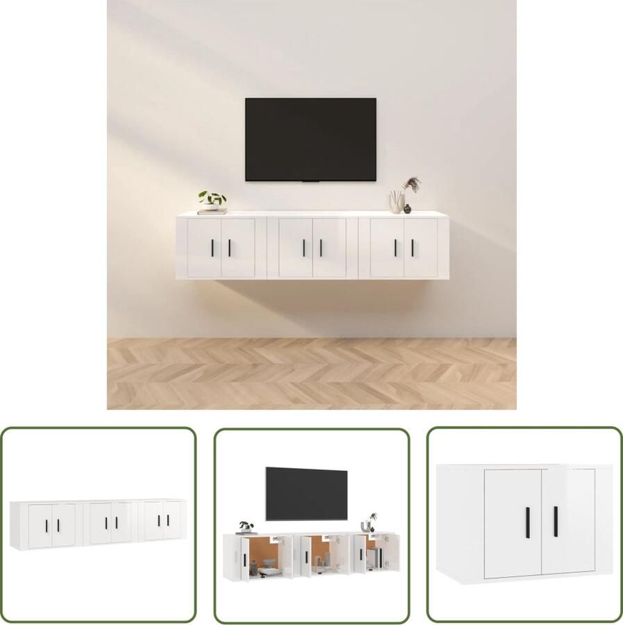 The Living Store TV-wandmeubel Hoogglans wit Set van 3 57x34.5x40cm Bewerkt hout TV-meubel Wandmontage Houten TV-stand Witte TV-kast Opbergruimte - Foto 2
