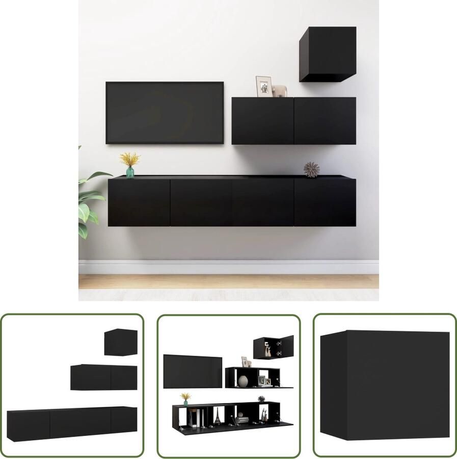 The Living Store Hangende tv-kasten Meubelset Muurbevestiging Spaanplaat Verschillende vakken Zwart Montage vereist 1x 30.5x30x30cm 3x 80x30x30cm - Foto 2
