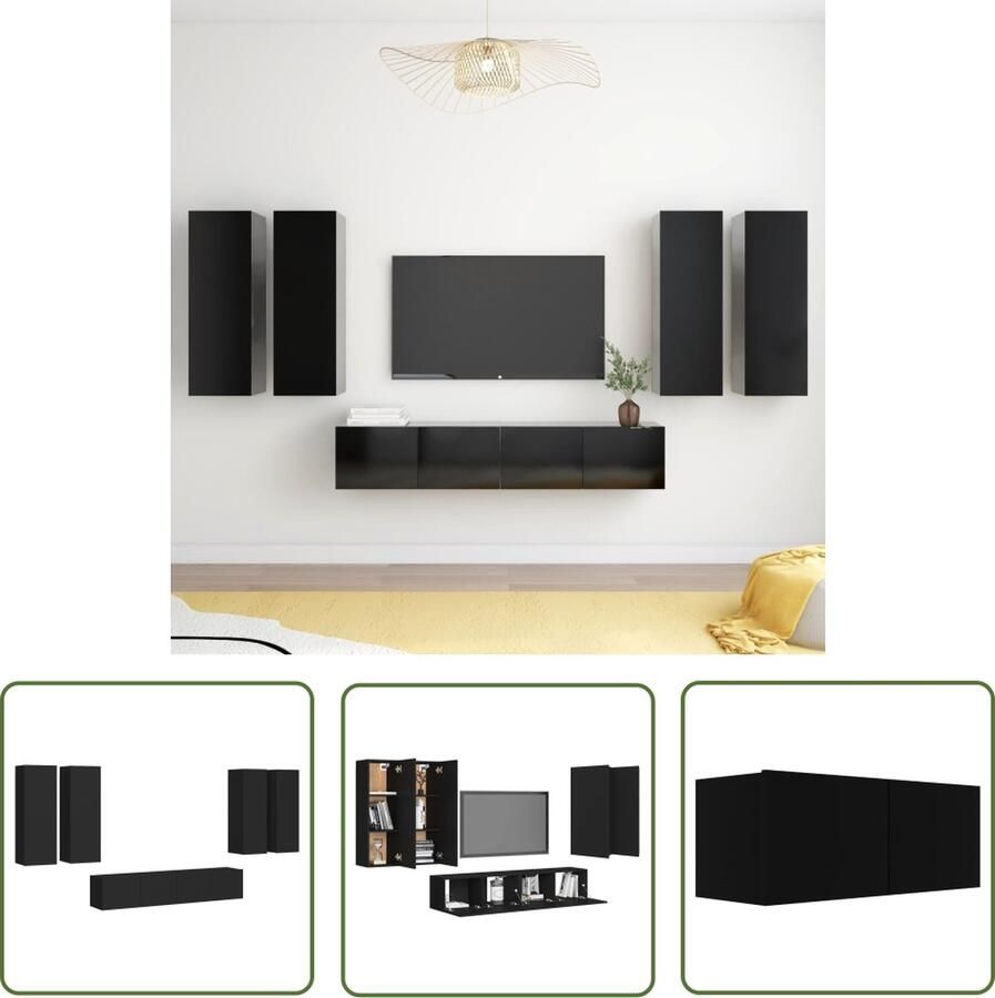 The Living Store vidaXL Wandmontage TV Meubelset 6-delige Tv-meubelset bewerkt hout zwart Houten TV Kast Tv Salontafel Livingroom Furniture - Foto 2