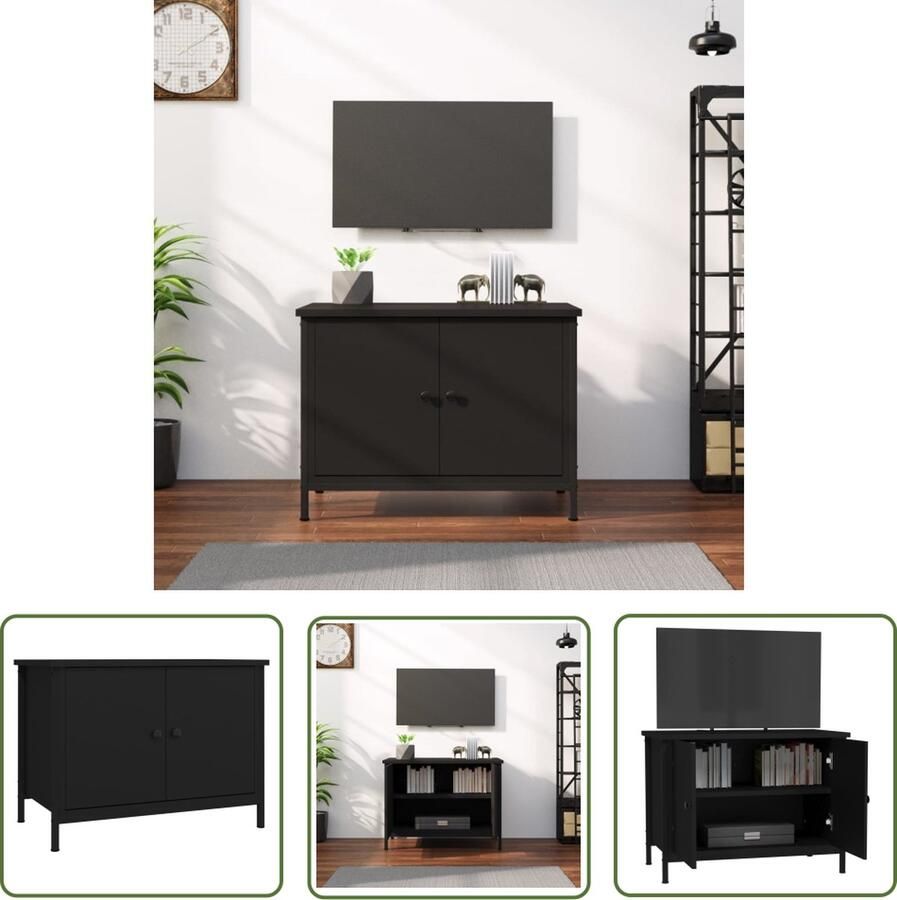 The Living Store TV-meubel zwart 60 x 35 x 45 cm trendy ontwerp duurzaam hout voldoende opbergruimte stevig blad praktische deuren metalen voeten Tv-meubel Zwarte Tv Kast Houten Tv Stand Media Kast Salontafel - Foto 2