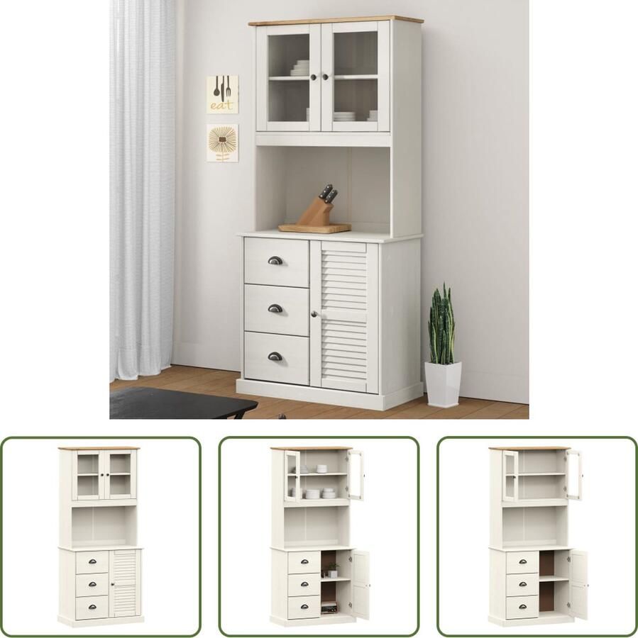 The Living Store Hoge kast VIGO 78x40x175 cm massief grenenhout wit Hoge Kast Dressoir Buffetkast Grenenhouten Kast Vintage Kast
