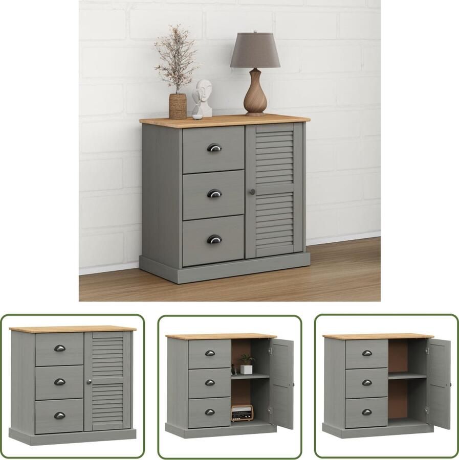 The Living Store Dressoir met lades VIGO 78x40x75 cm massief grenenhout grijs Keukenkast